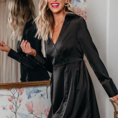 Black V Neck Satin Mini Dress