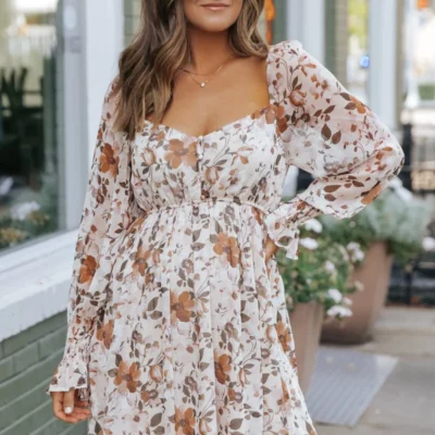 Cream Floral Print Mini Dress