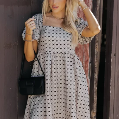 Taupe Puff Sleeve Bow Print Mini Dress